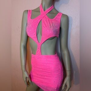 BANJUL Neon Pink Rhinestone Cutout Mini Dress – Size Small – Vegas / Festival